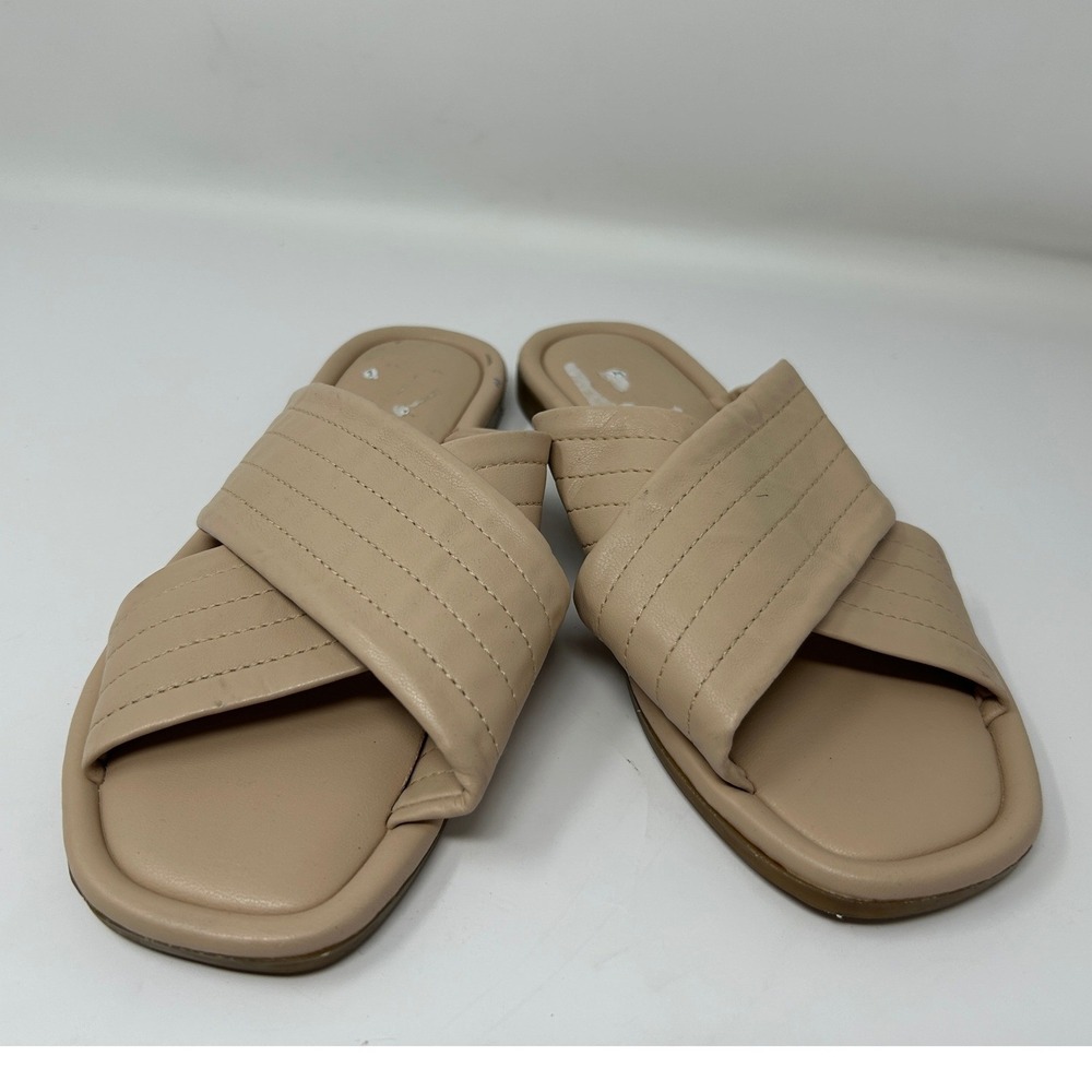 Made in Italy Women Beige Crisscross Quilted Slide Sandals Square Toe Flats 7
